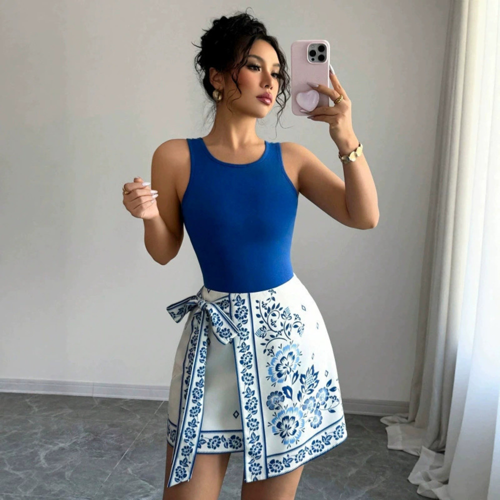 Zara Vest Top Short Skirt Set Printed Sleeveless Slim Fit Design